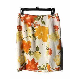 Aubrey Women's Skirt Bright Orange Yellow Floral Print Large‎ MIDI No Lining